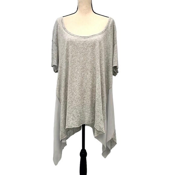 DKNY GRAY COTTON WITH SILK PANELS SWING LOOSE FIT SHORT SLEEVE TUNIC LENGTH TOP - Picture 1 of 16